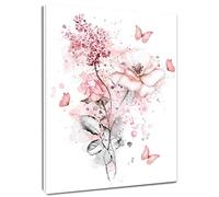 LB Pink Flower Wall Art Pink Butterfly Grey Leaf Canvas Wall Art for Bedroom Fantasy Floral Painting Wood Framed Prints Wall Decor for Living Room Bathroom,16x24 inches