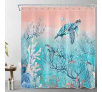 LB Sea Turtle Shower Curtain Blue Ocean Pink Beach Shower Curtains for Bathroom Coral Reef by Coastal Polyester Anti Mould Waterproof Bath Curtain Set with Hooks,71Lx71W inches
