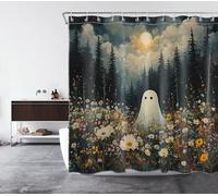 LB Spooky Halloween Shower Curtain Ghost in Flower Shower Curtains for Bathroom Black Trees in Forest Polyester Anti Mould Waterproof Bath Curtain Set with Hooks,71Lx71W inches