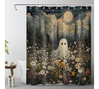 LB Spooky Halloween Shower Curtain Ghost in Flower Shower Curtains for Bathroom Green Trees in Forest Polyester Anti Mould Waterproof Bath Curtain Set with Hooks,78Lx59W inches