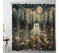 LB Spooky Halloween Shower Curtain Ghost in Flower Shower Curtains for Bathroom Green Trees in Forest Polyester Anti Mould Waterproof Bath Curtain Set with Hooks,71Lx71W inches