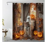 LB Spooky Halloween Shower Curtain Ghost Reading Newspaper on Toilet Shower Curtains for Bathroom Autumn Pumpkin Polyester Anti Mould Waterproof Short Stall Curtain Set with Hooks,68Lx47W inches