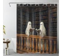 LB Spooky Halloween Shower Curtain Ghosts Reading Book Shower Curtains for Bathroom Vintage Library Polyester Anti Mould Waterproof Short Stall Curtain Set with Hooks,68Lx47W inches