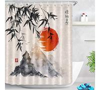 LB Sumi-e Japanese Shower Curtain 71x79 inch Chinese Ink Painting Bath Curtain Bamboo Mountain Red Sun Bathroom Decor with Hooks,Waterproof Anti Mould Polyester Fabric