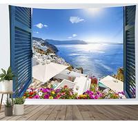 LB Summer Greek Tapestry Wall Hanging,Blue Sea Garden Room Decor,150x130cm | Tropical Island Party Backdrop,Colorful Flowers Wall Art Decor,European Poster,for Living Room Bedroom Dorm Classroom Office