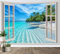 LB Tropical Island Tapestry Teal Ocean Wall Hanging Beach Tapestries Green Palm Tree outside Window Poster for Living Room Bedroom Ceiling Dorm Wall Decor,78x59 inch