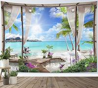 LB Turquoise Ocean Tapestry Beach Wall Hanging Tapestry Tropical Island Scenery from Balcony Tapestries for Living Room Bedroom Dorm Wall Decor,59x39 inch