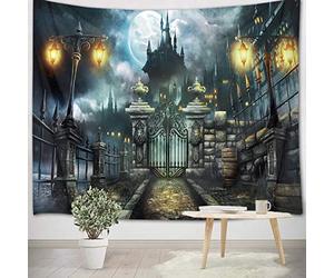 LB Vintage Castle Tapestry Halloween Wall Hanging Tapestry Full Moon Night,Retro Gate,Brick Road Tapestries for Living Room Bedroom Dorm Wall Decor,78x59 inch