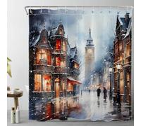 LB Winter Snow Shower Curtain London City Scenery Shower Curtains for Bathroom Vintage Street Polyester Anti Mould Waterproof Bath Curtain Set with Hooks,71Lx71W inches
