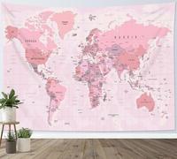 LB World Map Tapestry for Kids Classroom Pink Map of the World Tapestry Wall Hanging Asia Europe America Africa Tapestries for Living Room Bedroom Dorm Wall Decor,59x51 inch
