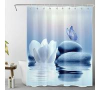 LB Zen Stones Shower Curtain White Flower with Blue Butterfly Shower Curtains for Bathroom Peaceful Spa Polyester Anti Mould Waterproof Short Stall Curtain Set with Hooks,68Lx47W inches