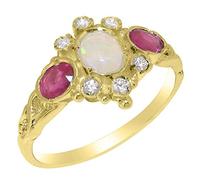 LBG 18ct Yellow Gold Natural Opal Ruby Diamond Womens Engagement Ring - Size S