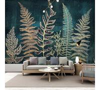 LBHSWWX Large Botanical Leaf Wall Mural, Silk Cloth, Teal and Gold Tropical Plant Design, Living Room Background Wallpaper (（W） 400×（H） 250CM)