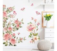 LBHSWWX Pink Rose Floral Wall Decal, 80 cm x 87 cm, Vintage Watercolour Flowers Peel and Stick Wallpaper