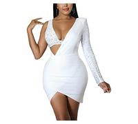 LBHT 2023 Women's Sexy Fashion Bodycon Pencil Dress Chic Hot Diamond Deep V Neck One-Shoulder Strap Mini Nightclub Dress (Color : White, Size : M)