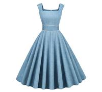 LBHT Women's 1950s Vintage Square Neck Swing Dresses Sleeveless Audrey Hepburn Style Rockabilly Cocktail Prom Evening Gown (Color : Blue, Size : L)