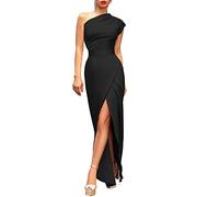LBHT Women's Elegant One Shoulder Ruched Maxi Dress Sleeveless Slit Split Wrap Hem High Waist Wedding Guest Dress (Color : Black, Size : M)
