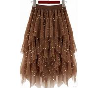 LBKKC Tulle Skirts for Women, Puffy Skirt Asymmetrical Midi Length Ruffled Tutu Layered Mesh Fairy Skirt, Brown-sequin, M-L