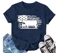LBP Cow Shirt for Women USA American Flag Cow T-Shirt Cowgirl Cute Cattle Tees Farm Life Animal Tops, Blue, S