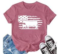 LBP Cow Shirt for Women USA American Flag Cow T-Shirt Cowgirl Cute Cattle Tees Farm Life Animal Tops, Pink, S