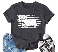 LBP Cow Shirt for Women USA American Flag Cow T-Shirt Cowgirl Cute Cattle Tees Farm Life Animal Tops, Grey, S