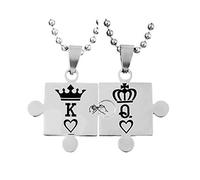 LBRTMED KnBoB Silver Gold Puzzle with Engraving Queen King Crown Necklace Stainless Steel Pendant Necklaces for Couple 60CM