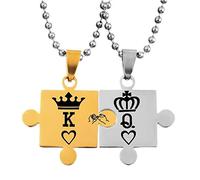 LBRTMED KnBoB Silver Gold Puzzle with Engraving Queen King Crown Necklace Stainless Steel Pendant Necklaces for Couple 60CM