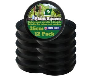 LBS Horticulture 12 Pack Plant Pot Saucers 35cm - Outdoor & Indoor Drip Trays, Frost & Crack Resistant, High Rim Black Plant Trays, Prevent Surface Damage, Reusable, UK Made