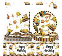LbsAMP 21 Pieces Party Tableware Set Construction Excavator Party Supplies Digger Themed Birthday Plates Napkins and 1 Tablecloth Disposable for Children's Theme Birthday Party 10 Guests