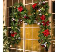 LBSUN Christmas Garland with Lights, Pre-lit 9ft Christmas Decorations with 50 Warm White LED Lights, Berries, Balls, and Red Flower for Door, Stairs, Railing, Indoor, Outdoor, Battery Operated