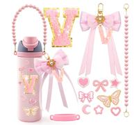 LBU 12PCS Letter Accessories for Owala Water Bottle 24/32/40oz with Cute Initial Keychain with Bow, Initial Sticker Charms, Peral Handle Strap, Decorations for Kids Owala FreeSip Cup (Letter V, Pink)