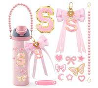 LBU 12PCS Letter Accessories for Owala Water Bottle 24/32/40oz with Cute Initial Sticker, Bow Alphabet Letter Keychain, Peral Handle Strap, Decorations for Owala Freesip Tumbler (Letter S)