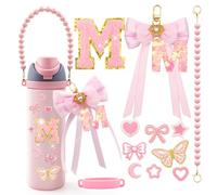 LBU 12PCS Letter Accessories for Owala Water Bottle 24/32/40oz with Cute Initial Sticker, Bow Alphabet Letter Keychain, Peral Handle Strap, Decorations for Owala Freesip Tumbler (Letter M)