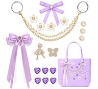 LBU Bling Charms for Bogg Bag Accessories, Fabric Bow, Pearl Chains, Flowers Pearl, Butterfly, Heart Diamond Insert Charms for Bogg Beach Rubbet Tote Simply Southern Women Bags(Purple)