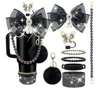 LBU Bling Cup Accessories for Stanley 40&30&20 Oz Tumbler Including Diamond Bow Straw Topper, Bracelets Charms, Butterfly Straw Cover Cap, Pearl Handle Strap, Silicone Boot, Pom-Pom(Black)