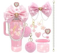 LBU Bling Cup Accessories for Stanley 40/30/20 oz Tumbler with Handle including Glitter Bow Straw Topper, Heart Straw Cover, Pearl Water Bottle Handle Strap, Boot, Pom-Pom, Keychain Charms (Pink)
