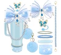 LBU Bling Stanley Cup Accessories for 40&30&20 Oz Tumbler Including Diamond Bow Straw Topper, Stanley Bracelets Charms, Butterfly Straw Cover Cap, Pearl Handle Strap, Silicone Boot, Pom-Pom (Blue)