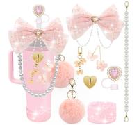 LBU Bling Stanley Cup Accessories for 40/30/20 oz Tumbler with Handle Including Glitter Bow Straw Topper, Heart Straw Cover, Pearl Water Bottle Handle Strap, Boot, Pom-Pom, Keychain Charms