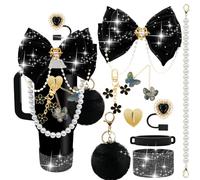 LBU Bling Stanley Cup Accessories for 40/30/20 oz Tumbler with Handle Including Glitter Bow Straw Topper, Heart Straw Cover, Pearl Water Bottle Handle Strap, Boot, Pom-Pom, Keychain Charms(Black)