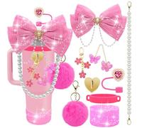 LBU Bling Stanley Cup Accessories for 40/30/20 oz Tumbler with Handle Including Glitter Bow Straw Topper, Heart Straw Cover, Pearl Water Bottle Handle Strap, Boot, Pom-Pom, Keychain Charms(Hot Pink)
