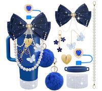 LBU Bling Stanley Cup Accessories for 40/30/20 oz Tumbler with Handle Including Glitter Bow Straw Topper, Heart Straw Cover, Pearl Water Bottle Handle Strap, Boot, Pom-Pom, Keychain Charms(Navy Blue)