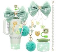 LBU Bling Stanley Cup Accessories for 40/30/20 oz Tumbler with Handle Including Glitter Bow Straw Topper, Heart Straw Cover, Pearl Water Bottle Handle Strap, Boot, Pom-Pom, Keychain Charms(Green)
