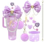LBU Bling Stanley Cup Accessories for 40/30/20 oz Tumbler with Handle Including Glitter Bow Straw Topper, Heart Straw Cover, Pearl Water Bottle Handle Strap, Boot, Pom-Pom, Keychain Charms (Purple)