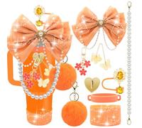 LBU Bling Stanley Cup Accessories for 40/30/20 oz Tumbler with Handle Including Orange Glitter Bow Straw Topper, Heart Straw Cover, Pearl Water Bottle Handle Strap, Boot, Pom-Pom, Keychain Charms
