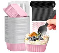 lbxtswpl Mini Cake Baking Cups with Lids and Spoons, 50PCS 150ml Mini Loaf Pans, Square Aluminum Foil Baking Pans with Sealing Sticker for Bread Dessert Wedding Birthday Picnic Party(Pink Silver)