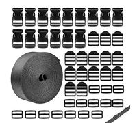 lbxtswpl Nylon Heavy Webbing Strap, 5M Flat Side Release Buckles, 15 Sets Flat Side Release Buckles and Tri-Glide Slides Cuttable Black Webbing for DIY Craft Backpack Strapping(Black)