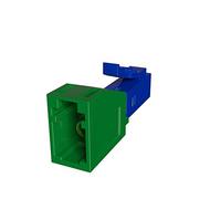 LC APC Female to LC UPC Male Hybrid Adapter Converter, Single-Mode,Simplex | Green APC female end takes an APC cord, blue UPC male end plugs into a UPC port. 9/125 SM fiber, 0dB no loss, fixed.