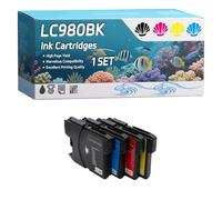LC980BK LC980C LC980M LC980Y Ink Cartridges Compatible for Brother DCP-145C DCP-197C MFC-250C DCP-163C DCP-365CN Printers, High-Definition Printing Effect with Chip, 500 Pages (1 Set)