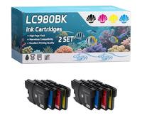 LC980BK LC980C LC980M LC980Y Ink Cartridges Compatible for Brother MFC-255CW DCP-165C DCP-373CW MFC-290C DCP-167C Printers, High-Definition Printing Effect with Chip, 500 Pages (2 Set)