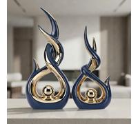LCCCK Blue and Gold Abstract Ceramic Sculpture Set of 2 Modern Electroplated Figurines Decorative Statues for Living Room Shelf Mantel Tabletop Home Decor Housewarming Gift